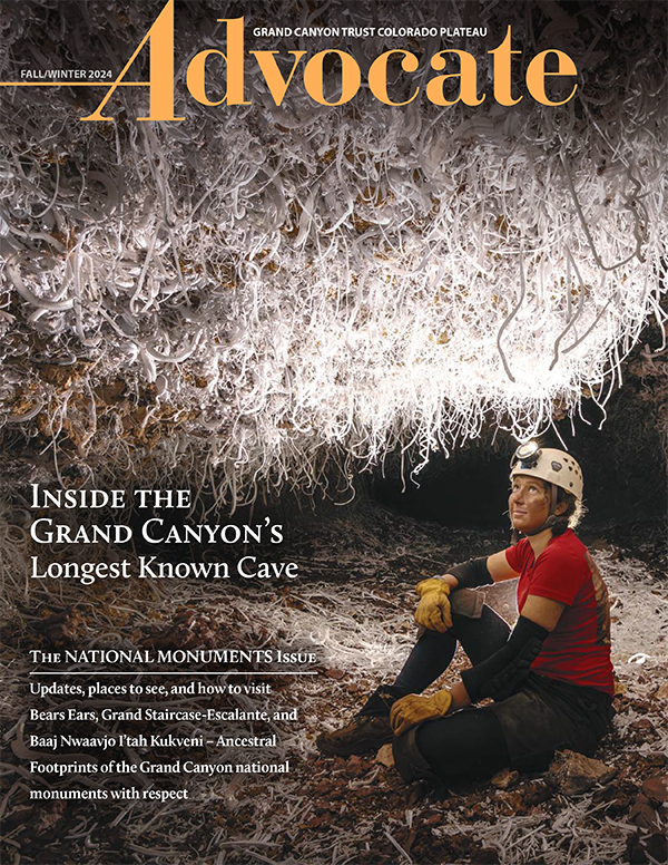 The cover of the Fall 2024 issue, featuring a woman inside the Grand Canyon's longest known cave