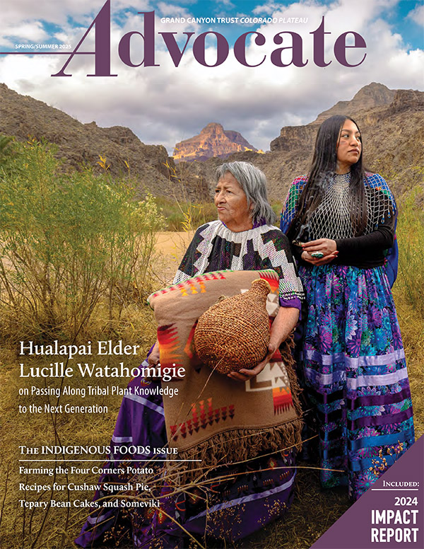 Two women, one older and one younger, stand outdoors near rocky hills. The older woman holds a woven basket and blanket. This is the cover of Advocate magazine's Spring/Summer 2024 issue, featured in Grand Canyon Magazine.