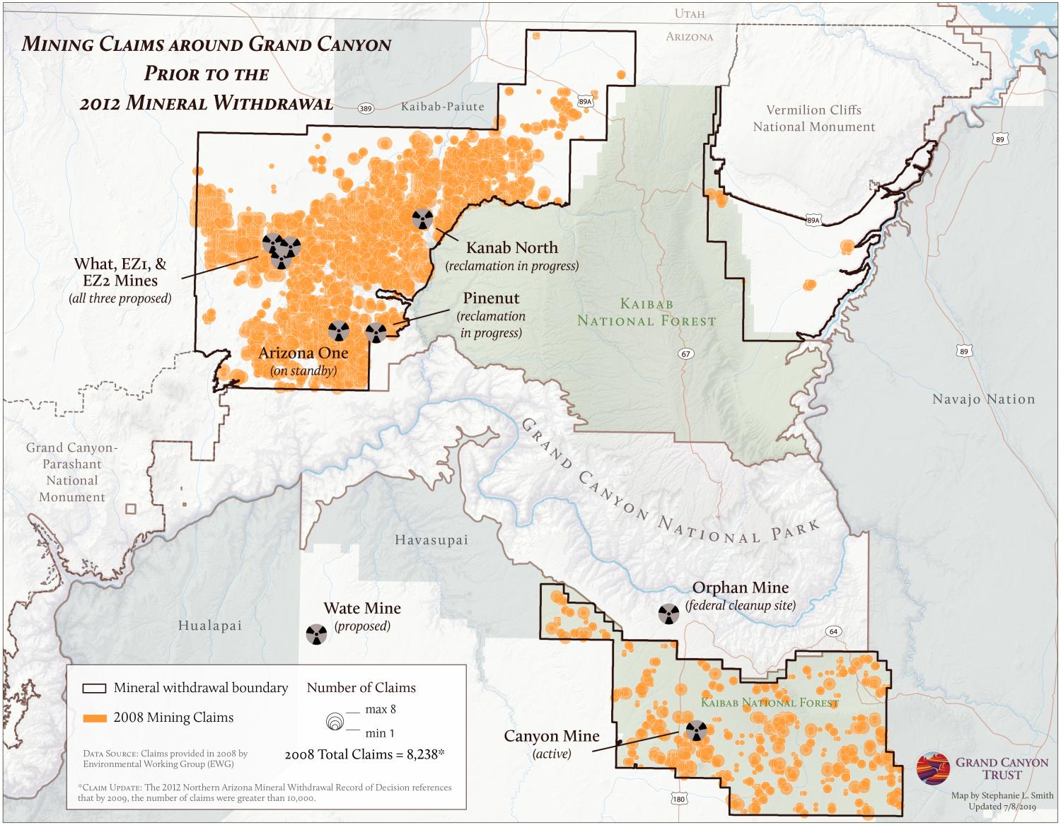 In 2008, there were over 8,000 mining claims on public lands surrounding Grand Canyon National Park. Mining claims around Grand Canyon prior to 2012 mining ban